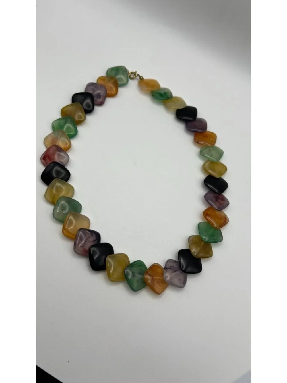 Vintage Multicolor Lucite Beaded Necklace With Gold-Tone Clasp Marbled Finish 18
